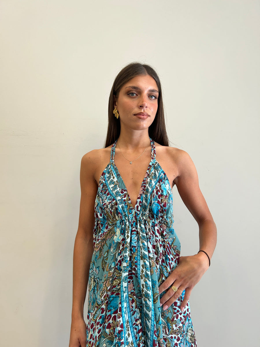 FREELOVE Abito BEACH SHORT seta Flower Leo Turquoise