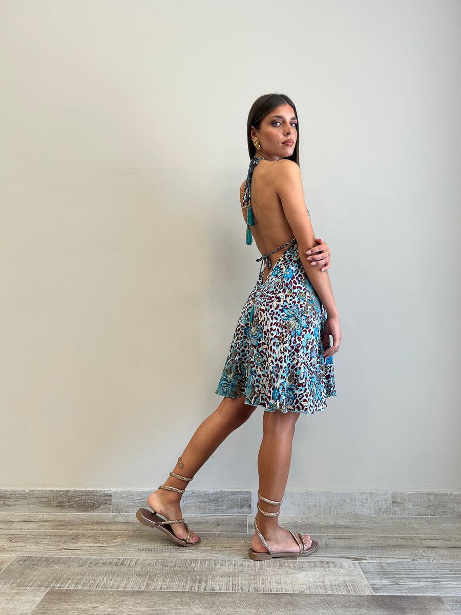 FREELOVE Abito BEACH SHORT seta Flower Leo Turquoise