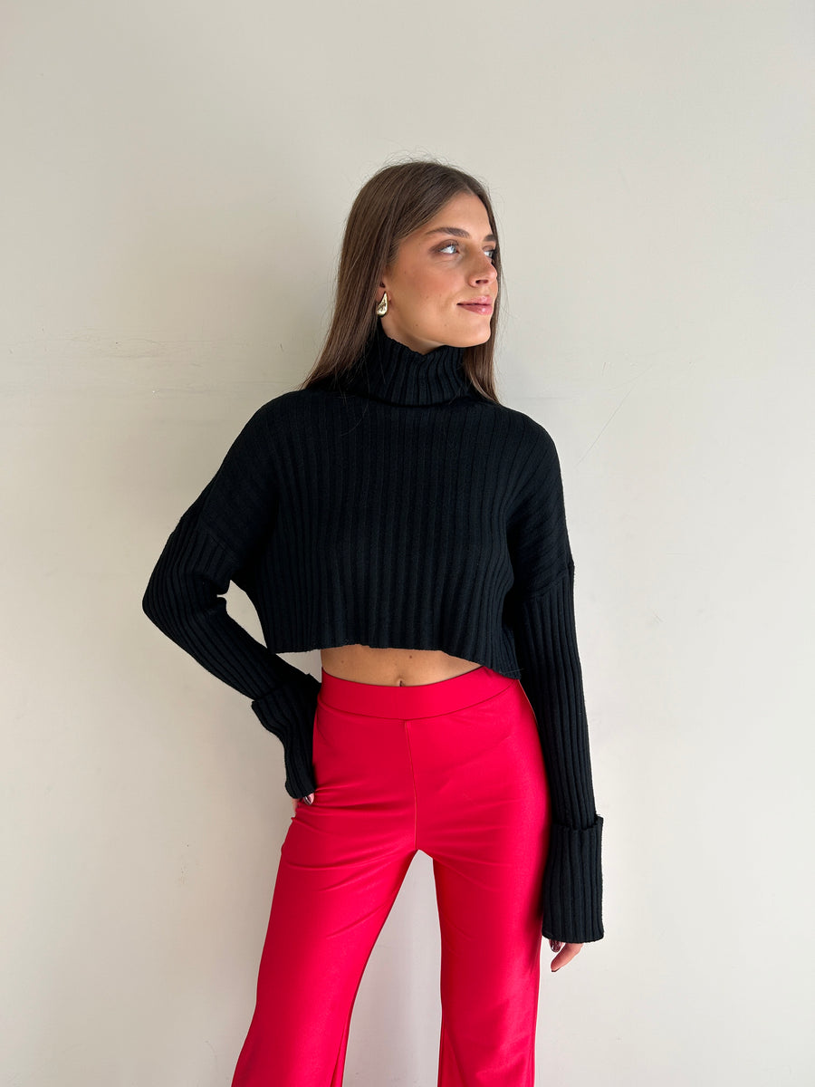 GIPSY INSIDE Maglia collo alto crop Coste Nero