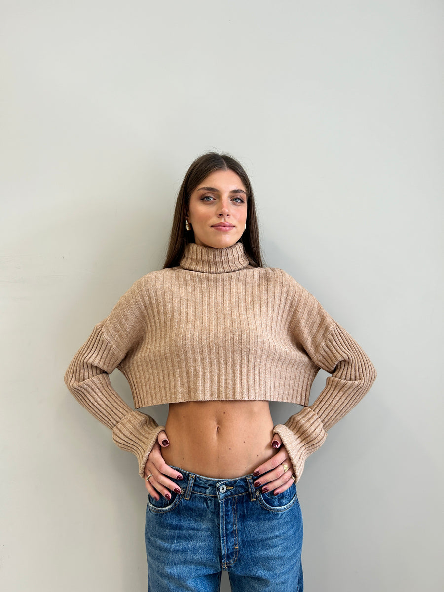 GIPSY INSIDE Maglia collo alto Crop coste Nocciola