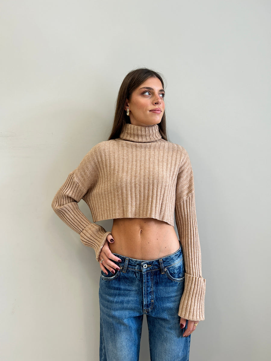 GIPSY INSIDE Maglia collo alto Crop coste Nocciola