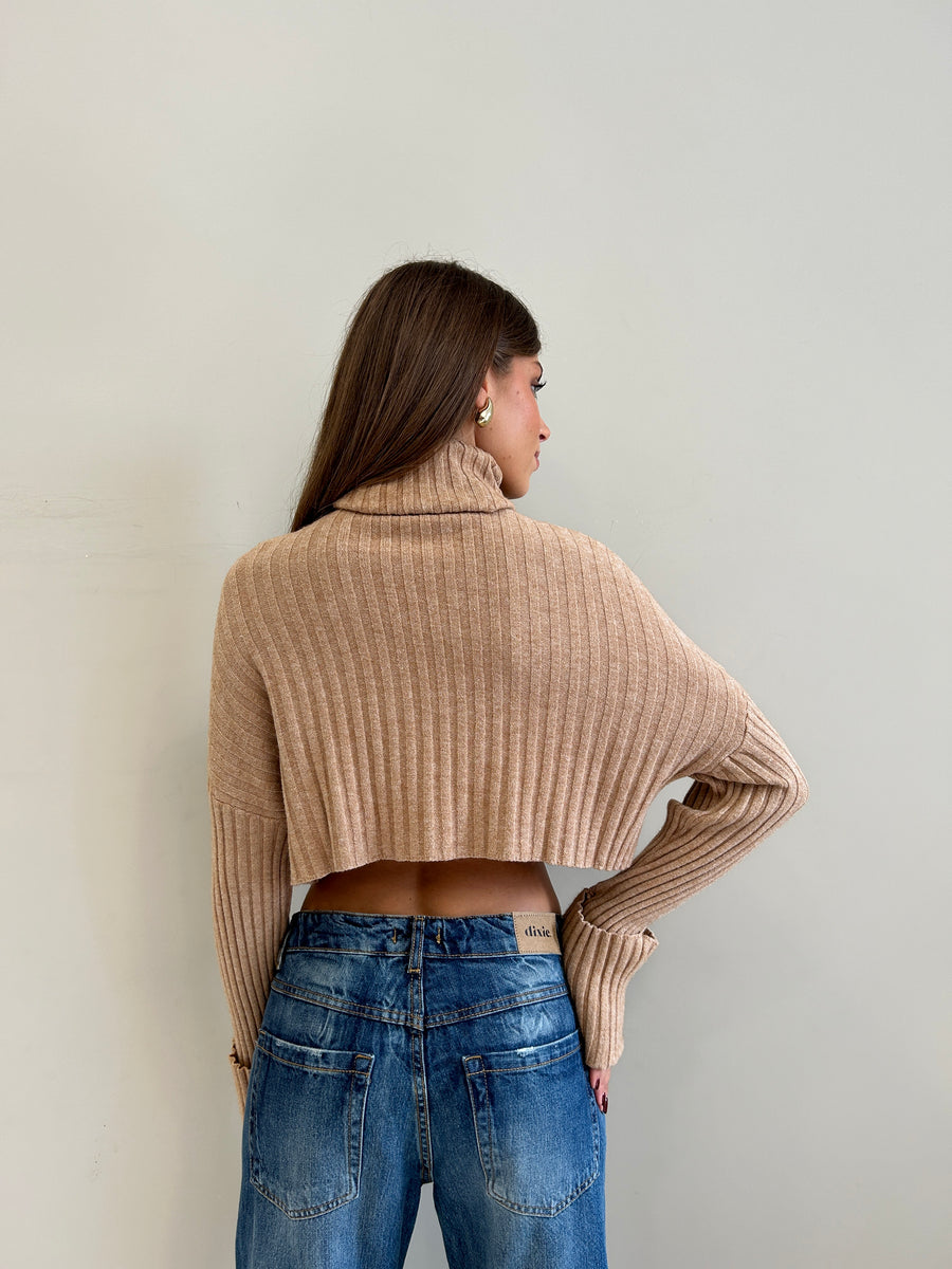 GIPSY INSIDE Maglia collo alto Crop coste Nocciola