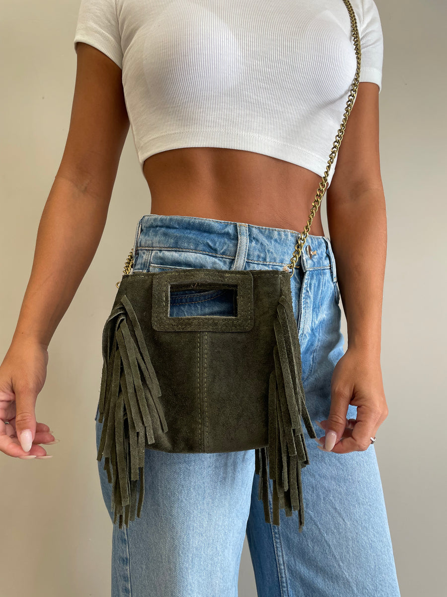 GIPSY INSIDE Mini bag  camoscio verde frange
