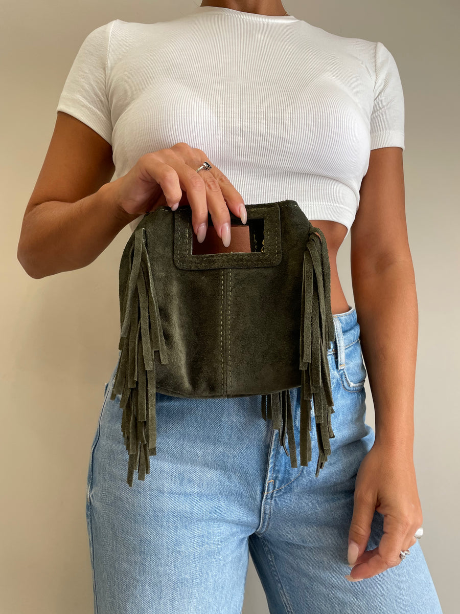 GIPSY INSIDE Mini bag  camoscio verde frange
