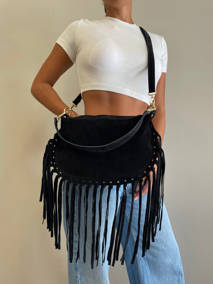 GIPSY INSIDE Borsa camoscio frange nero