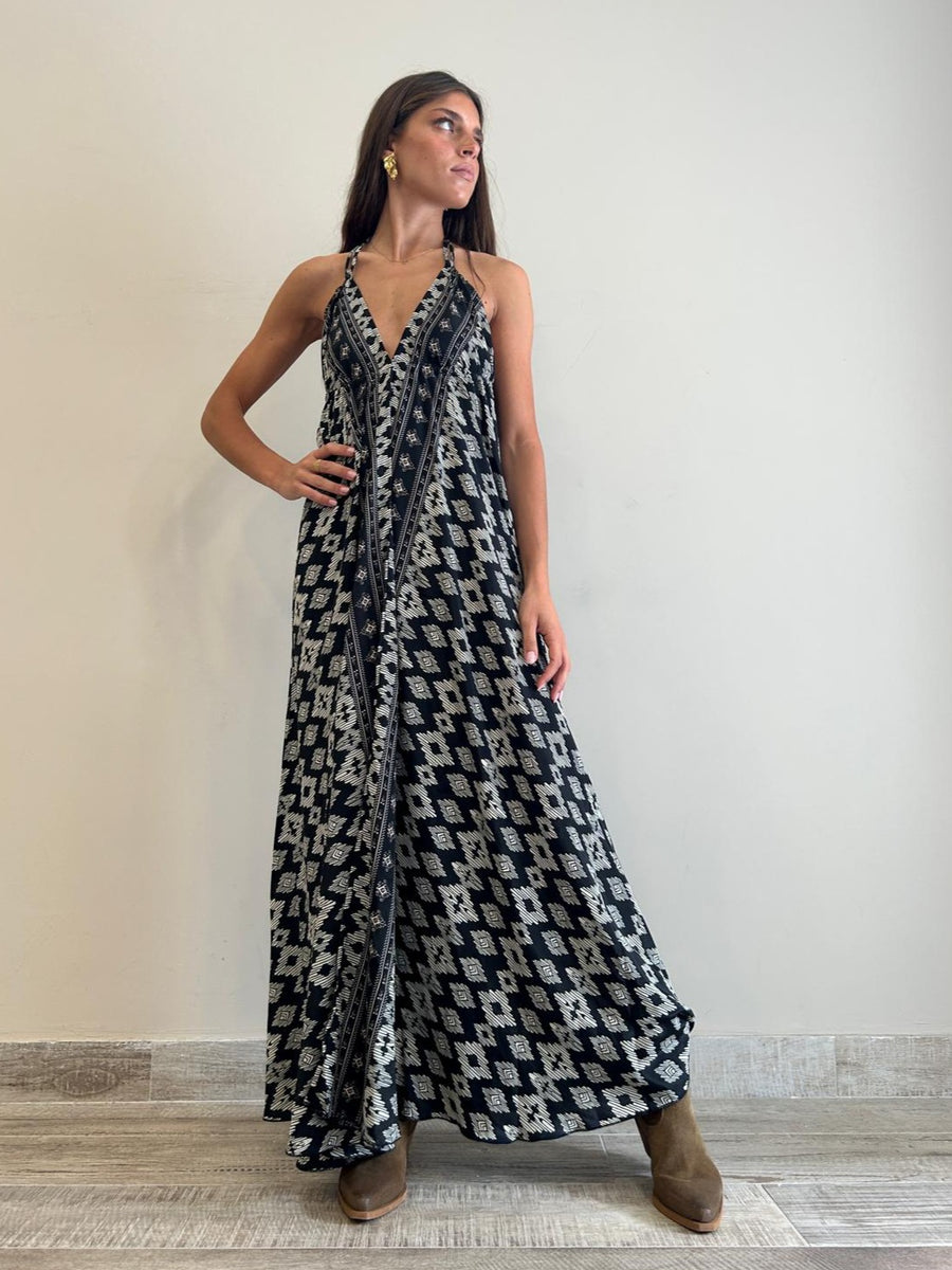 FREELOVE Abito lungo BEACH LONG seta Tribal Black