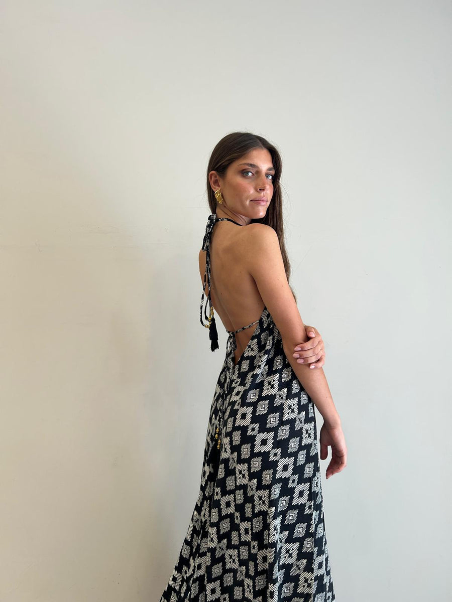 FREELOVE Abito lungo BEACH LONG seta Tribal Black