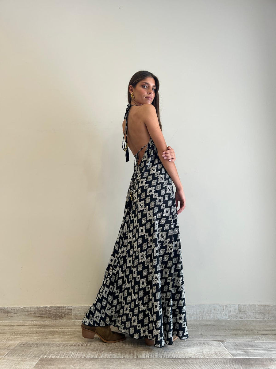 FREELOVE Abito lungo BEACH LONG seta Tribal Black