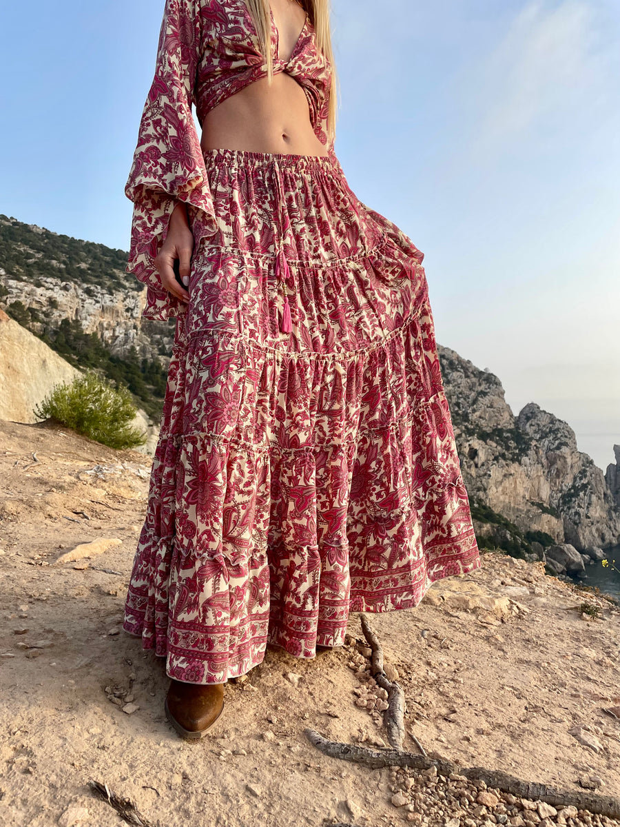 FREELOVE MAXI GONNA Seta Hibiscus Pink.